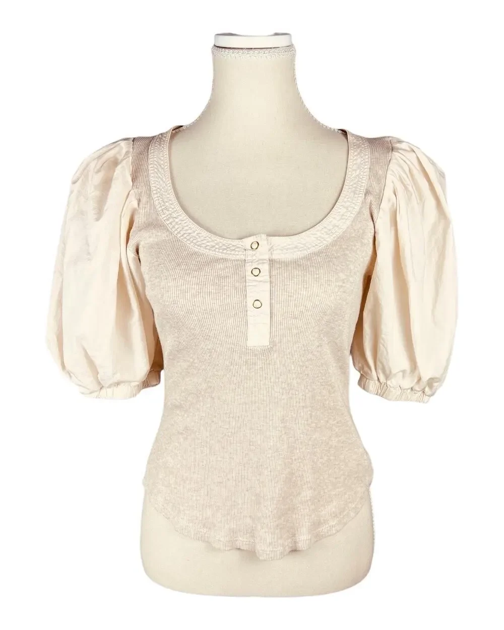 Ulla Johnson Janette Oatmeal Beige Cotton Ribbed Puff Short Sleeve Henley Top P